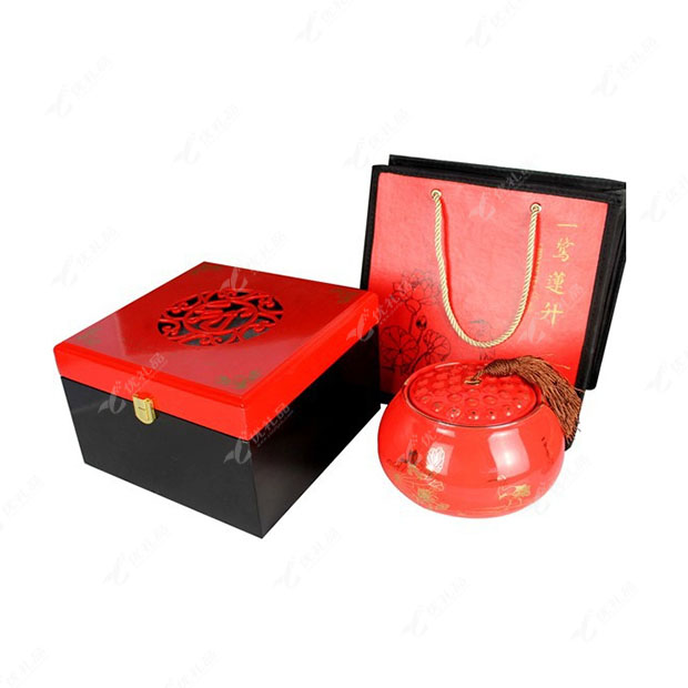 高档木盒装茶叶包装 一鹭莲升大号陶瓷罐定制