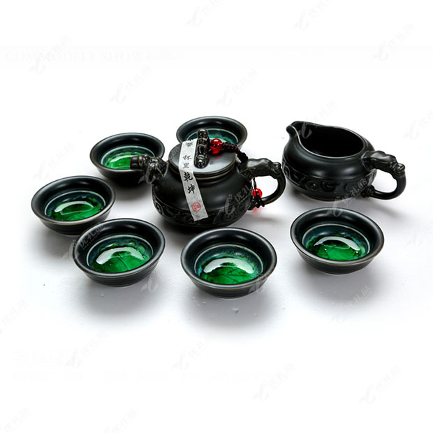 陶瓷功夫茶具礼套装 黑陶冰裂结晶釉茶壶茶杯公杯套组