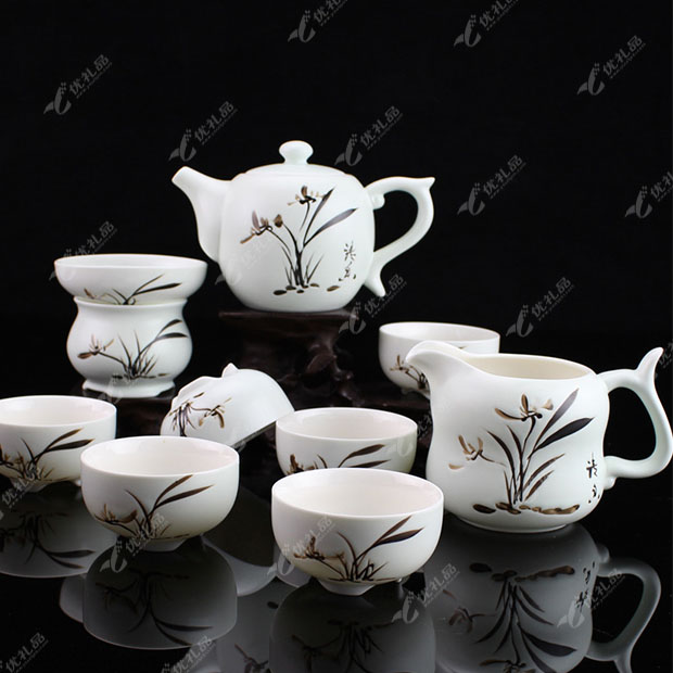 10头定窑手绘兰花茶具套装