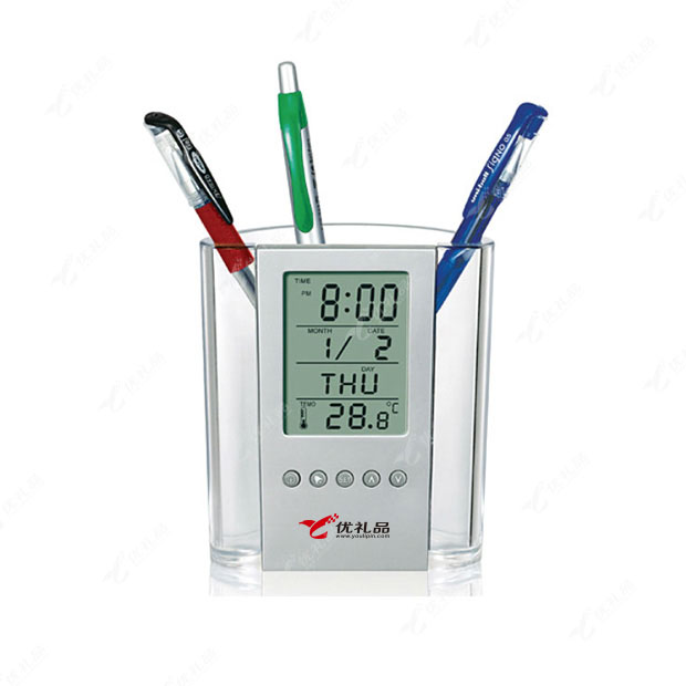 多功能透明电子万年历笔筒