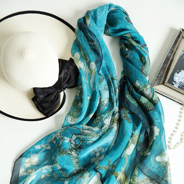 梵高油画风格100%桑蚕丝雪纺丝巾