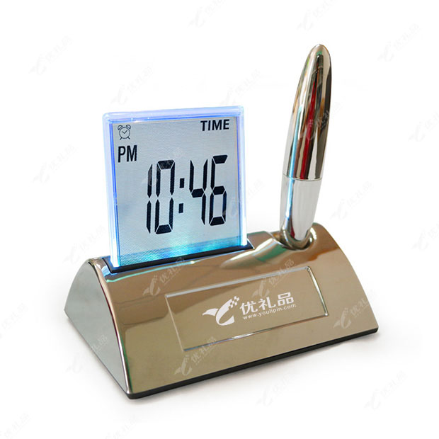 高档电子台历带笔 LED电子表 夜光懒人闹钟