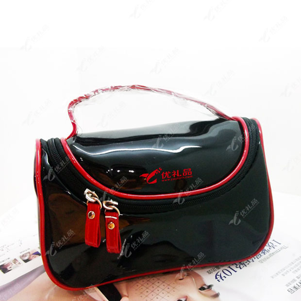 复古炫彩撞色漆皮手拎化妆包