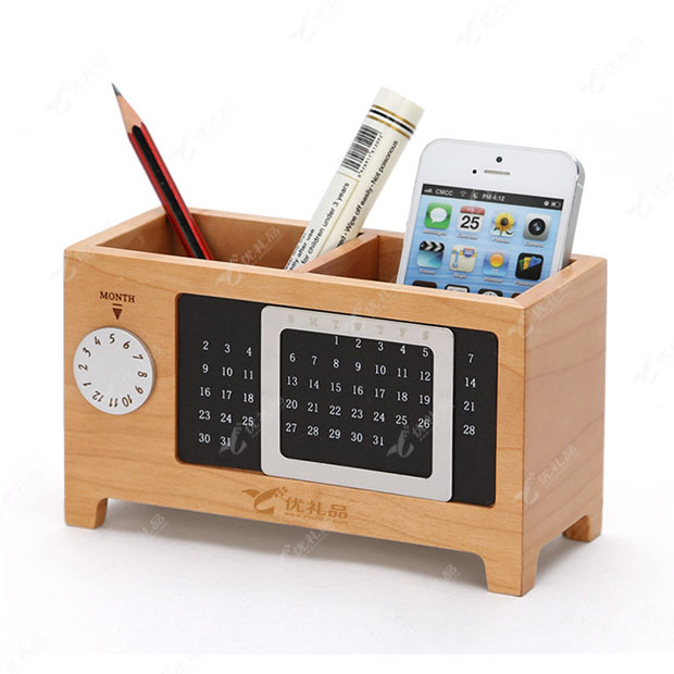 万年历笔筒 多功能实木桌面收纳盒