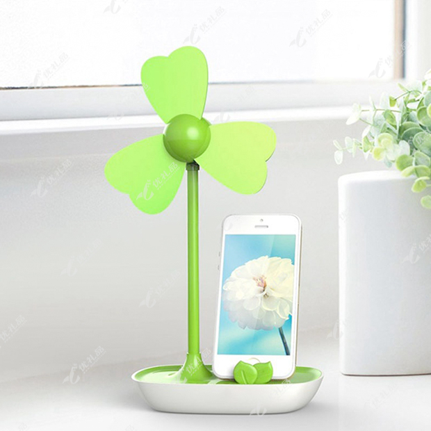 创意幸运草USB迷你静音小风扇 手机收纳架