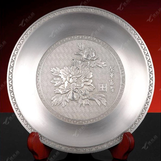 《荣华富贵》锡盘 锡器摆件
