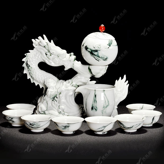 10头祥龙戏珠玉石自动茶具