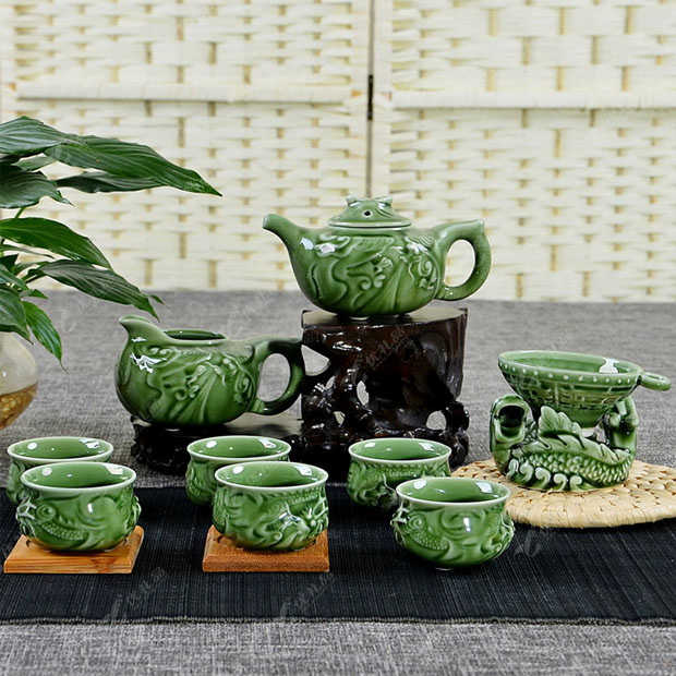 高档养生瓷10头双龙手抓壶茶具套装