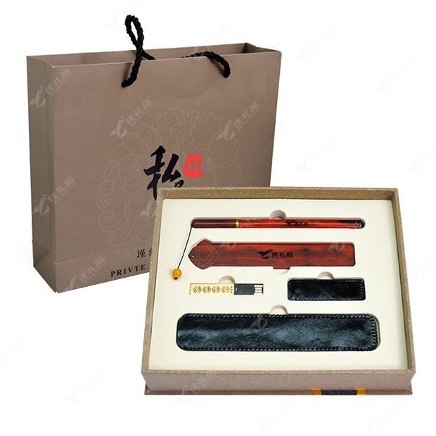 新款高档复古红木签字笔黄铜U盘礼盒套装