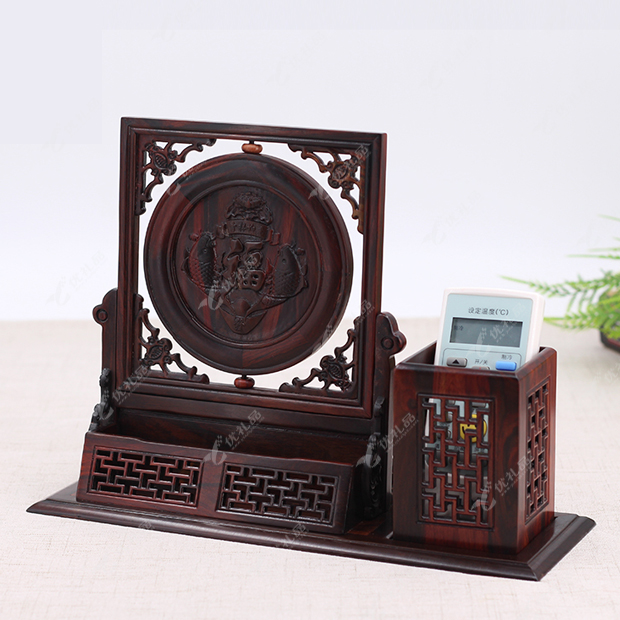 红酸枝年年有余笔筒名片盒