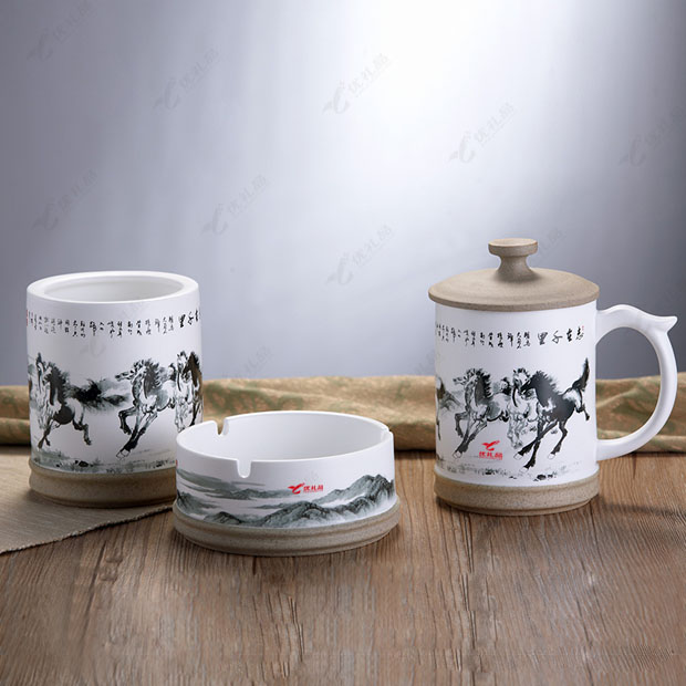 玉映砂台面杯三件套 会议杯 烟缸 笔筒礼盒套装