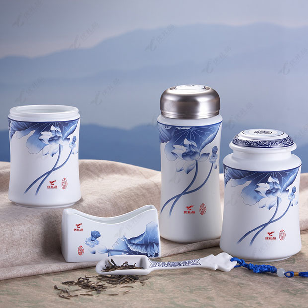  青花哑光保温杯五件套  陶瓷办公套装