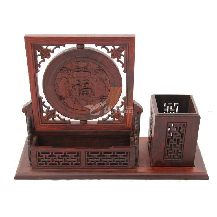 红酸枝年年有余笔筒名片盒