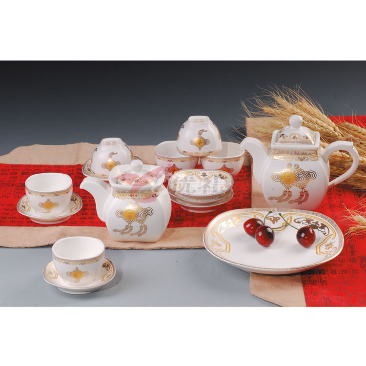 亚光白釉吉祥如意中号方形壶方形杯配盘碟17头茶具组具组
