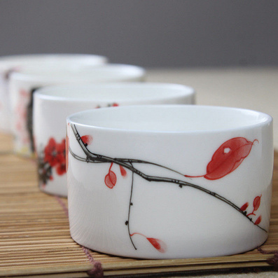 绘上色青花五彩斗笠杯 陶品茗茶杯盏 整套茶具 高白直口主人杯