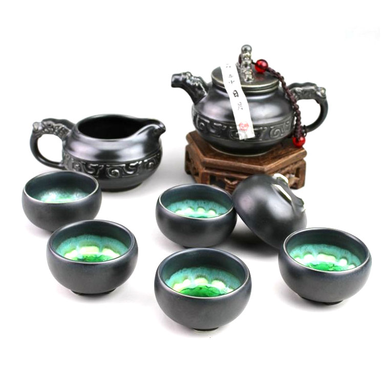 陶瓷功夫茶具礼套装 黑陶冰裂结晶釉茶壶茶杯公杯套组