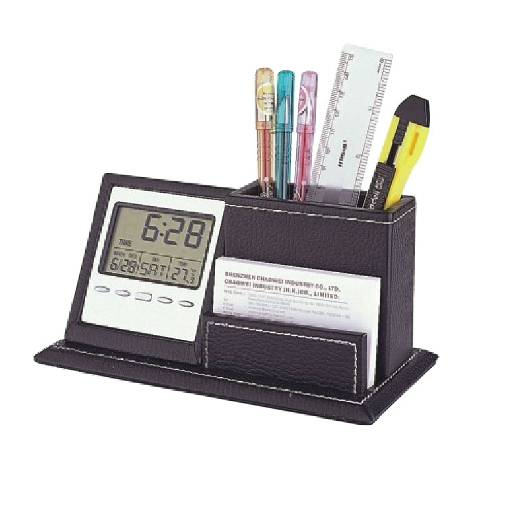 木制名片夹皮革笔筒万年历 高档商务皮套笔筒万年历