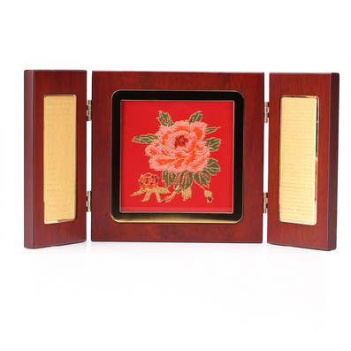 中国风摆件云锦创意小三折婚庆礼品新古典红木摆件定制