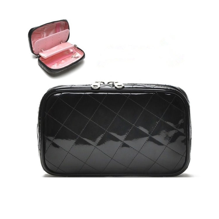 黑亮漆皮精致菱格多隔层化妆包 首饰收纳包