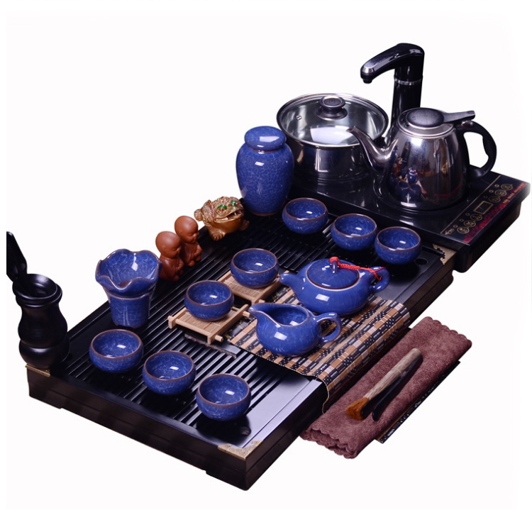 紫砂功夫冰裂雪花釉陶瓷茶具套装 四合一电磁炉茶盘