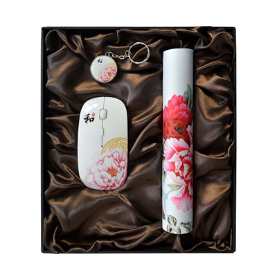 新品牡丹无线鼠标鼠标垫8G U盘套装特色中国风礼品定制