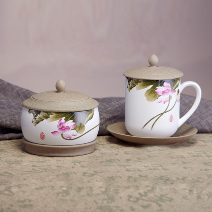 玉映砂会议杯茶叶罐两件套--和衷共济 中国风陶瓷杯茶叶罐礼品套装