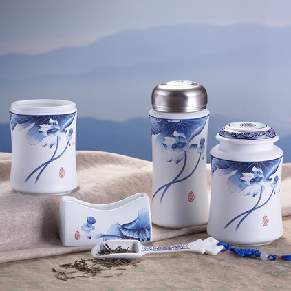 青花哑光保温杯五件套 陶瓷办公套装 高档会议保温杯笔筒茶叶罐名片座套装