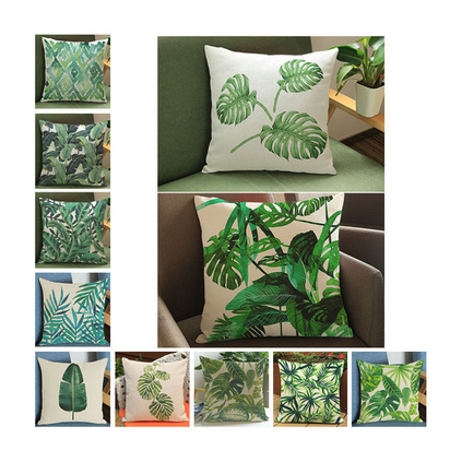 新款热带植物绿叶子印花抱枕家居装饰棉麻靠垫定制