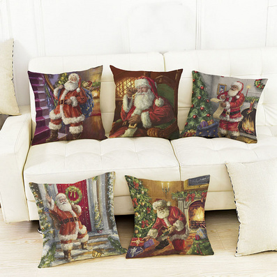 外贸热销油画圣诞老人亚麻印花靠垫套家居装饰抱枕定制