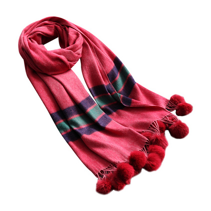 上海故事秋冬季韩版百搭仿羊绒围巾女士毛球装饰条纹披肩两用礼品定制