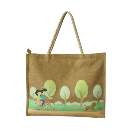 天然黄麻布手提环保时尚过胶热转印礼品广告拉链购物袋定制 