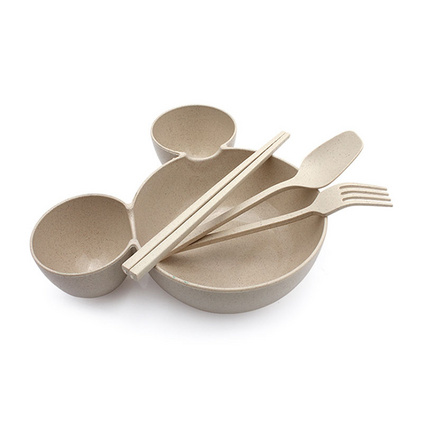 小麦秸秆餐具卡通米奇大头造型儿童分格饭碗餐盘套装水果叉勺筷子四件套装定制