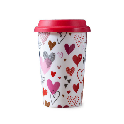 无把双层硅胶陶瓷杯 带硅胶盖防烫隔热杯子套装创意卡通咖啡杯定制