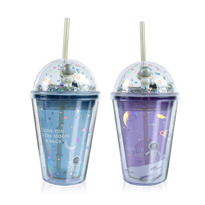 星际漫游双层吸管杯创意礼品定制塑料杯子儿童可爱水杯定制
