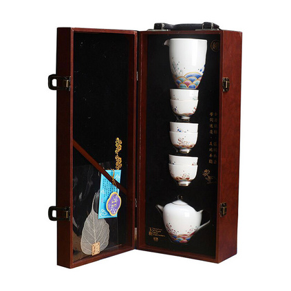 德化羊脂玉瓷美人壶茶具九件套 皮革包装白瓷便捷式茶具套装定制