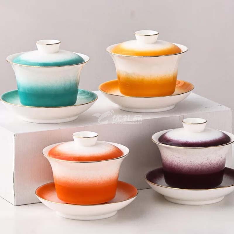 知己-冰岛100g盖碗组合茶具套装陶瓷渐变三才盖碗茶杯茶饼礼盒定制