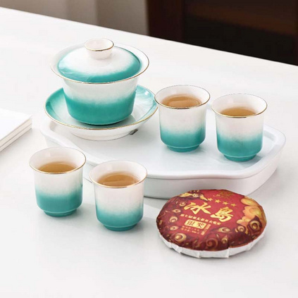 知己-冰岛100g盖碗组合茶具套装陶瓷渐变三才盖碗茶杯茶饼礼盒定制