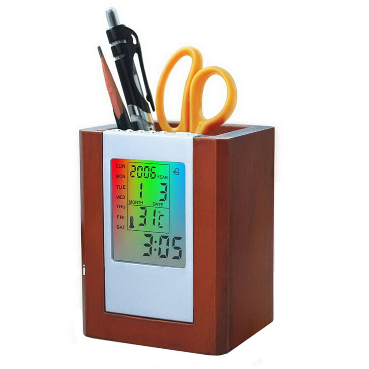 Wooden Color LCD Electronic Pen Holder with Calendar