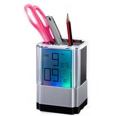 Custom Color LCD Alarm Clock Pen Holder for Business Gift