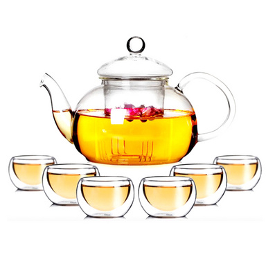 High Temperature Resistance Teapot Set with Six Double Wall Cups