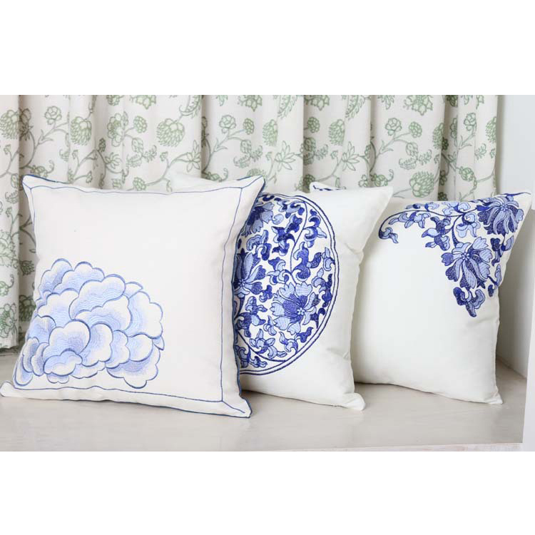 Blue and White Porcelain Embroidery Canvas Back Pillow