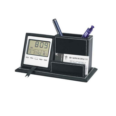 Quality Leather Pen Holder Digital Clock with Business Card Holder