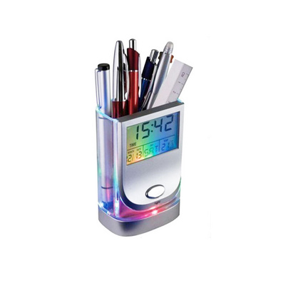 Colorful Led Light Office Pen Stand Calendar Clock