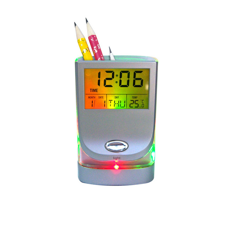 Colorful Led Light Office Pen Stand Calendar Clock