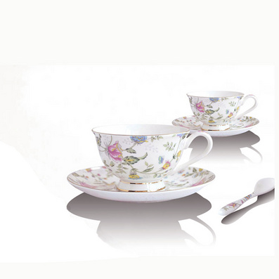 Flower Decal Porcelain Coffee Cup and Saucer Set