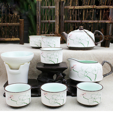 Hand Drawing Lotus Dull Polished Surface Porcelain Tea Set