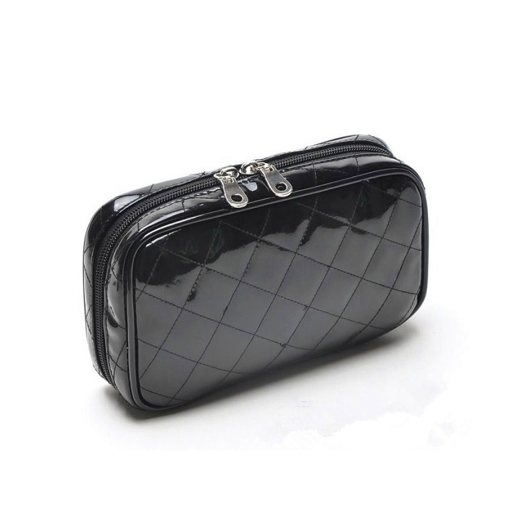 Portable Black Patent Leather Multiple Compartment Cosmetic Makeup Bag